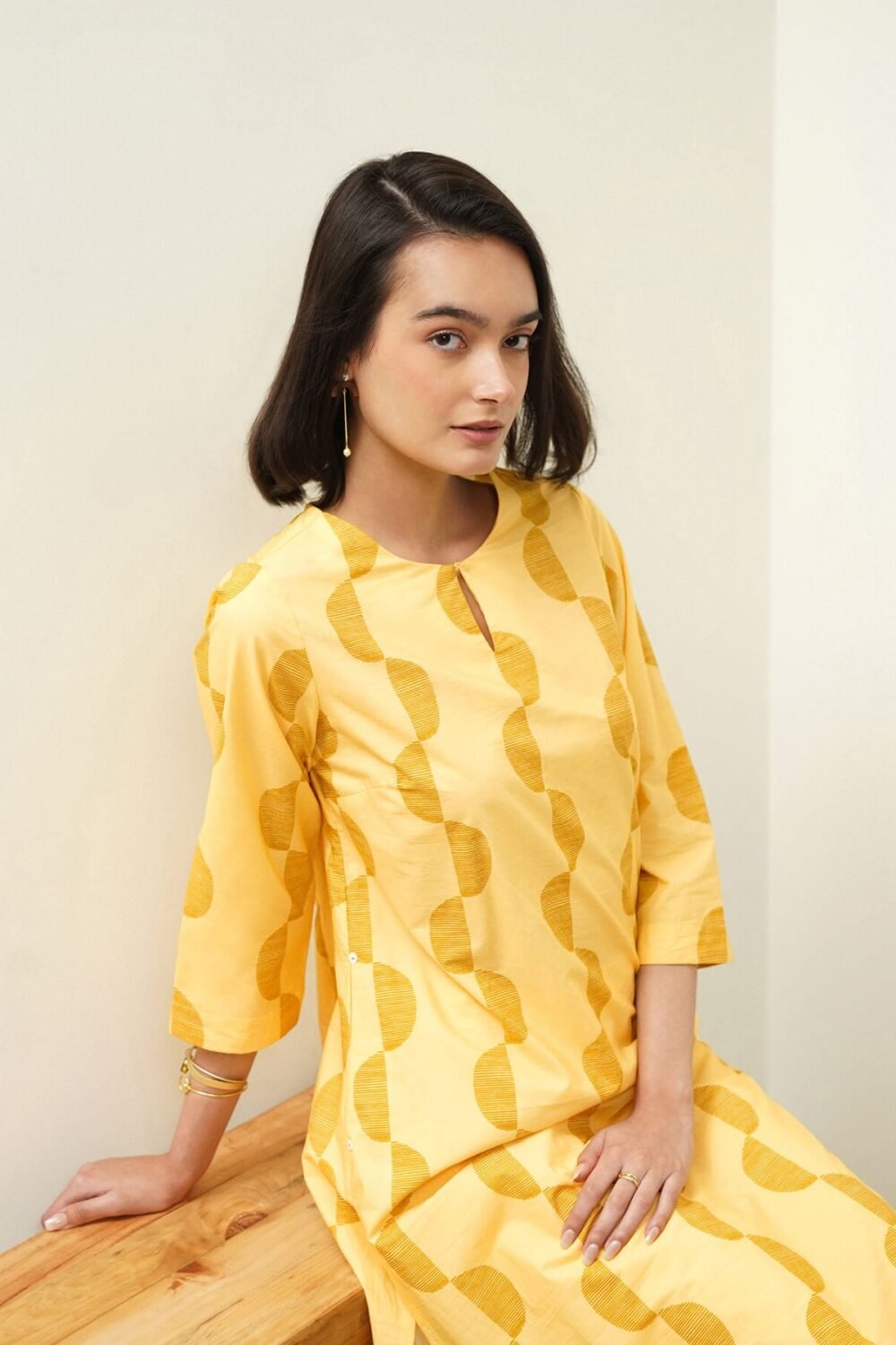 Cotton Geometric Straight Kurta Set - Yellow