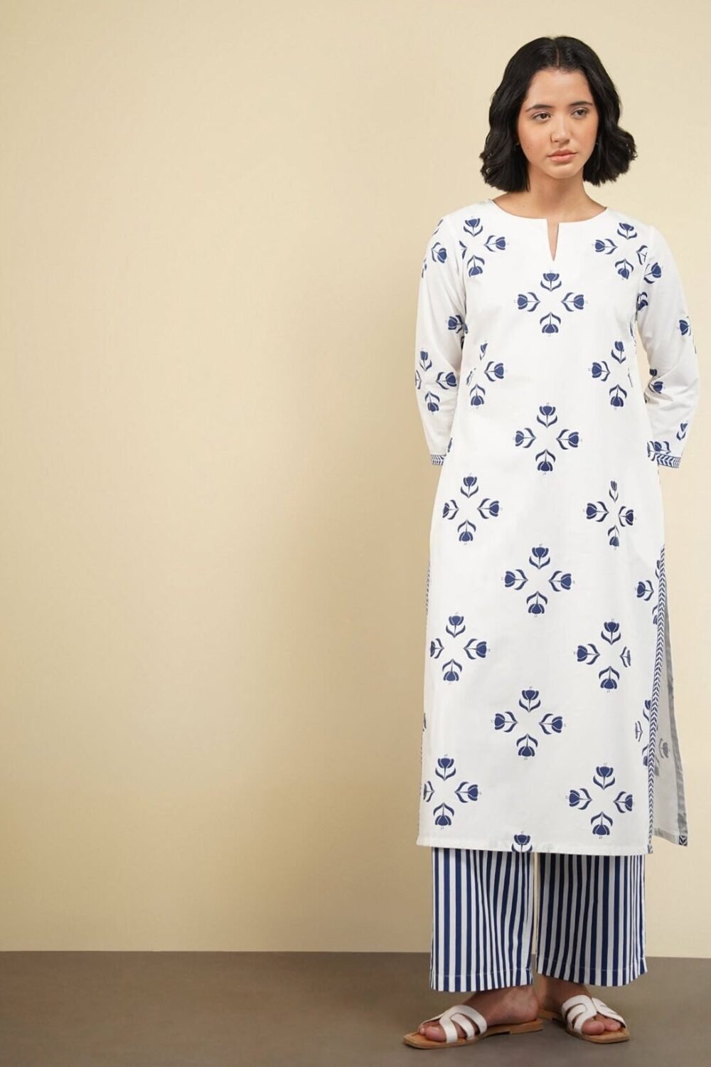 Cotton Floral Motif Kurta Set - Blue & White