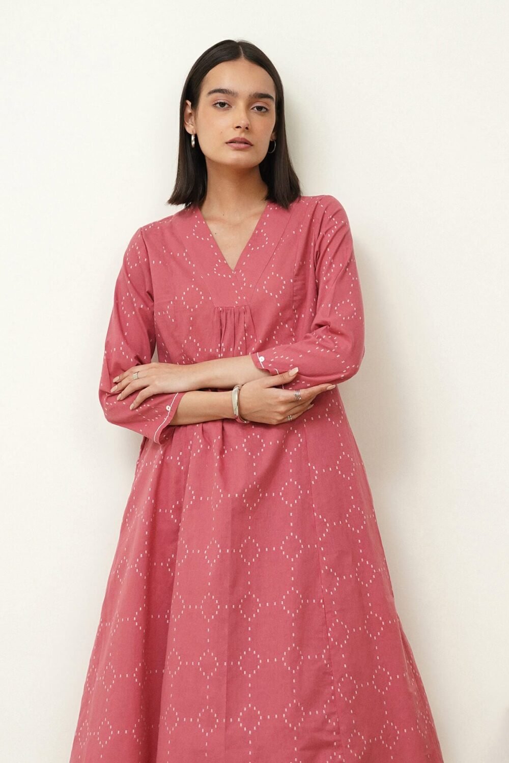 Cotton Ikat V-Neck Kurta Set - Pink