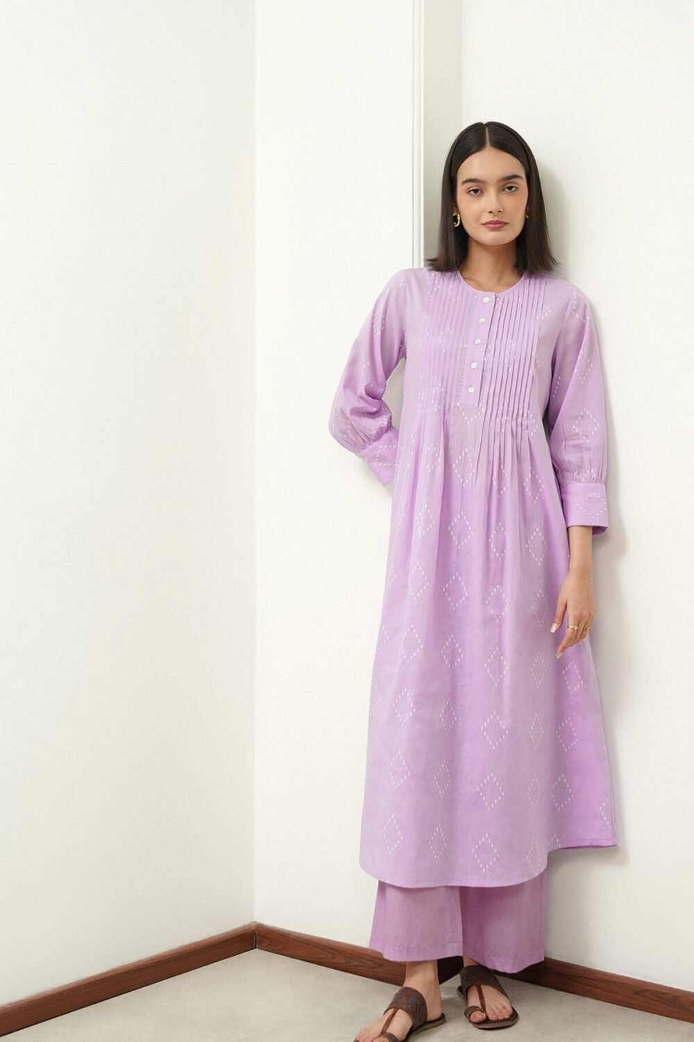 Cotton Geometric Round Neck Kurta Set - Purple