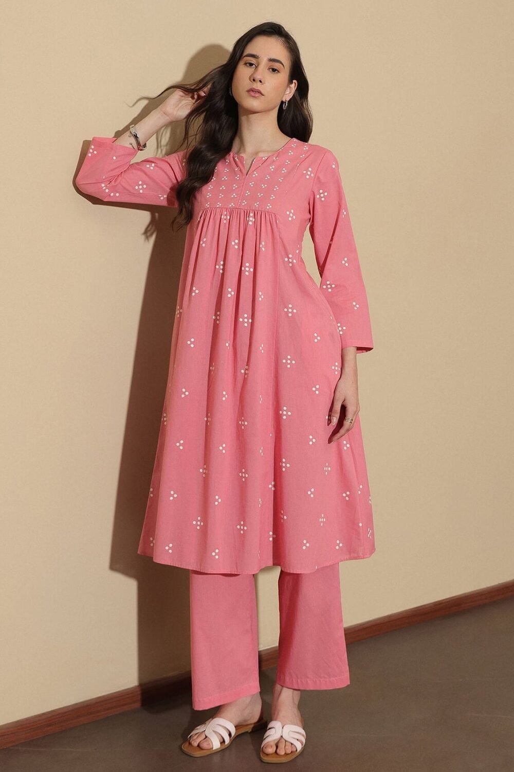 Cotton Tribal Round Neck Kurta Set - Pink