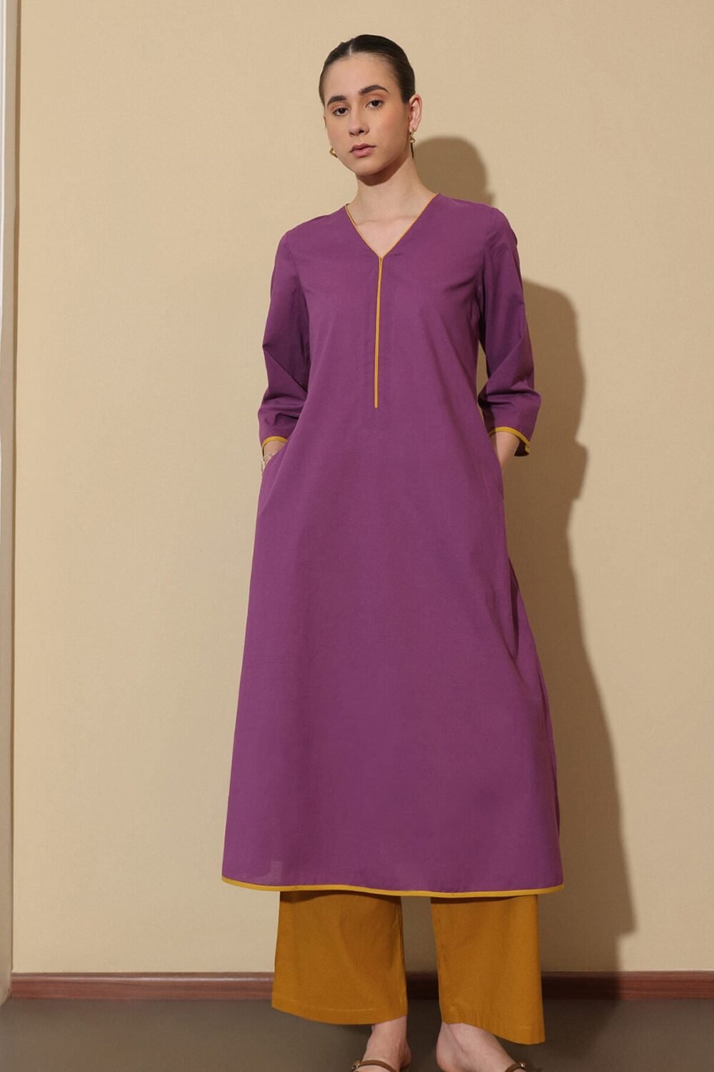 Cotton Solid Colourblock Kurta Set - Purple and Yellow