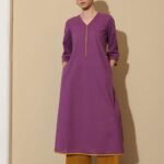Cotton Solid Colourblock Kurta Set - Purple and Yellow