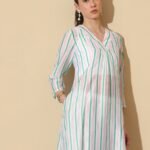 Chanderi Striped V-Neck Kurta Set - White