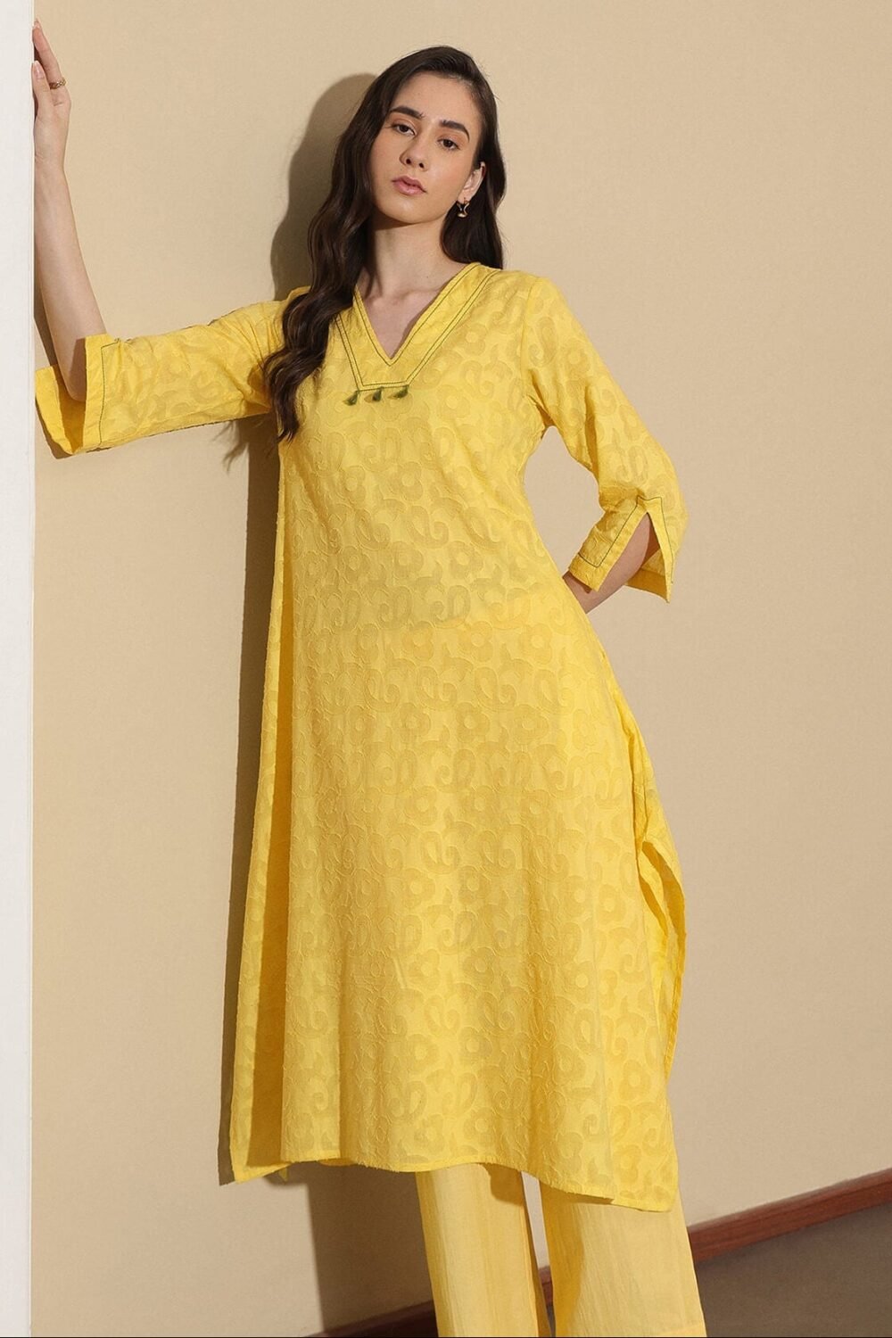 Jacquard Woven V-Neck Kurta Set - Yellow