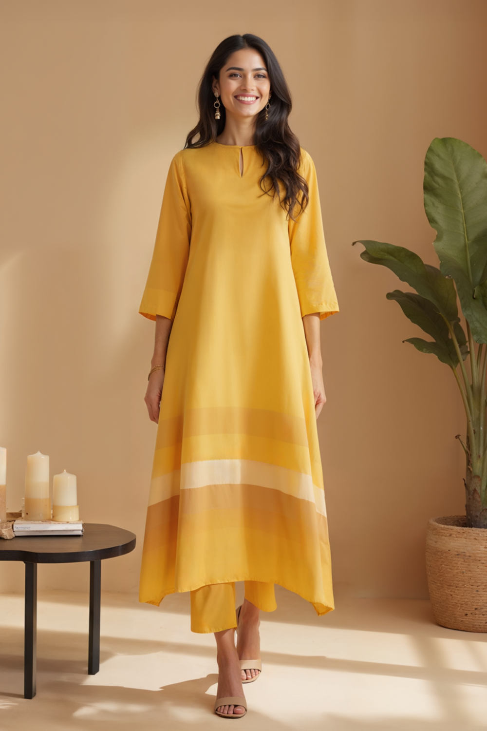 Cotton Stripe Play Asymmetrical Kurta Set - Yellow