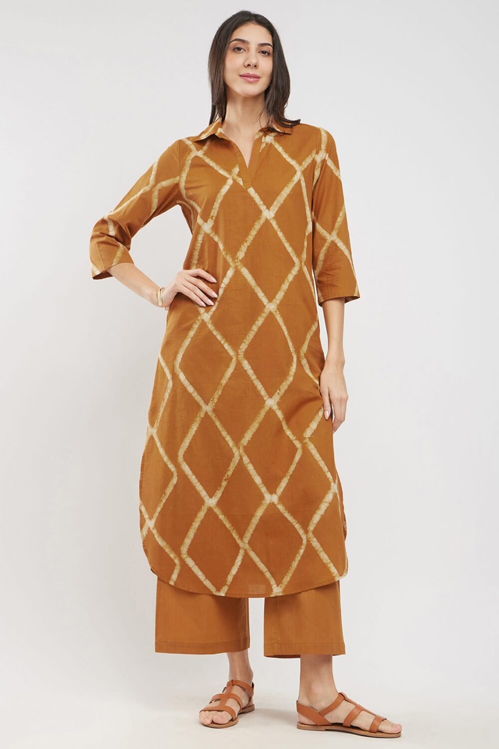 Cotton Dabu Geometric Kurta Set - Mustard