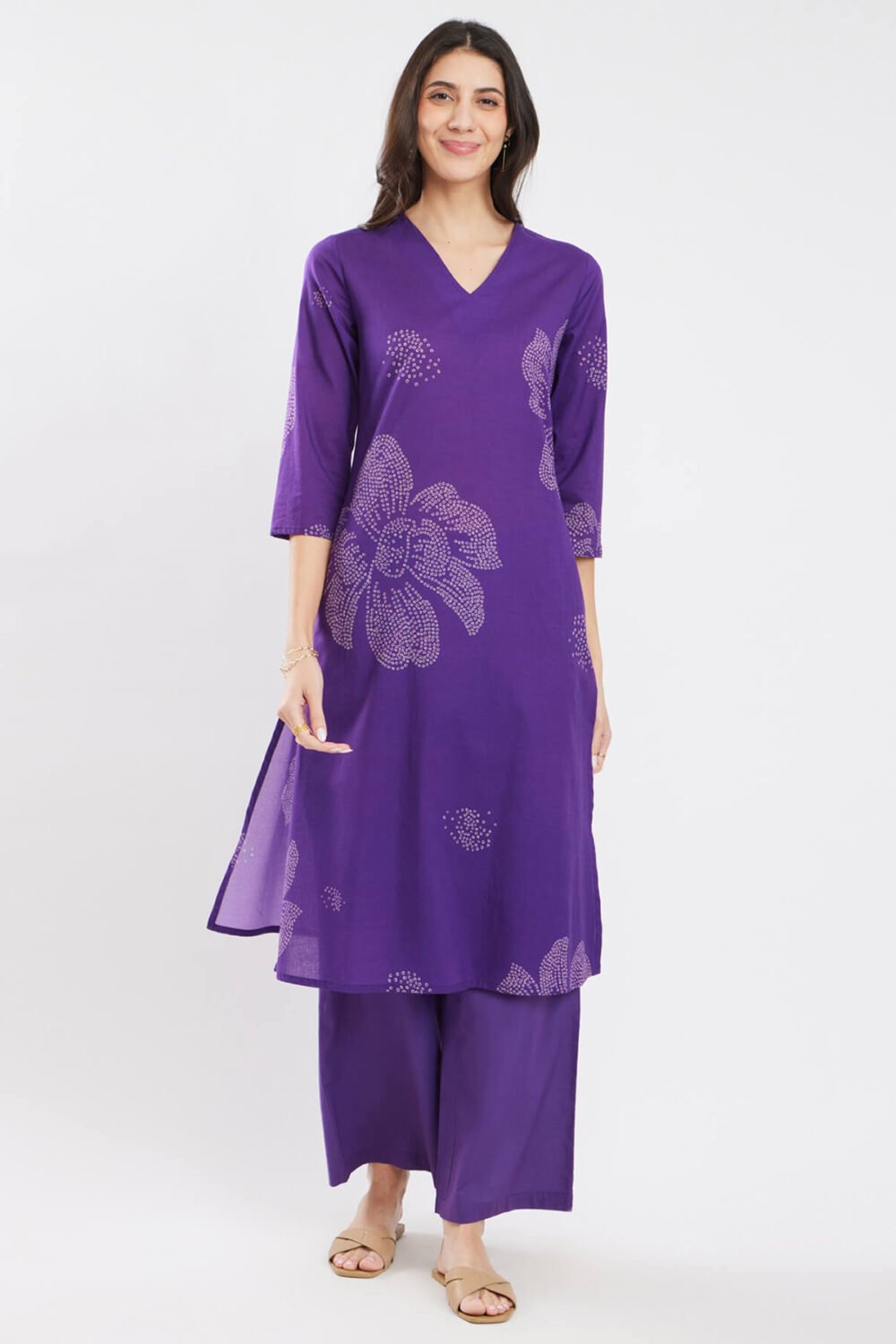 Cotton Bandhani Floral Kurta Set - Purple
