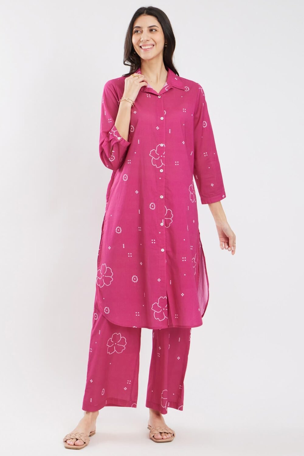 Cotton Bandhani Floral Shirt Kurta Set - Pink