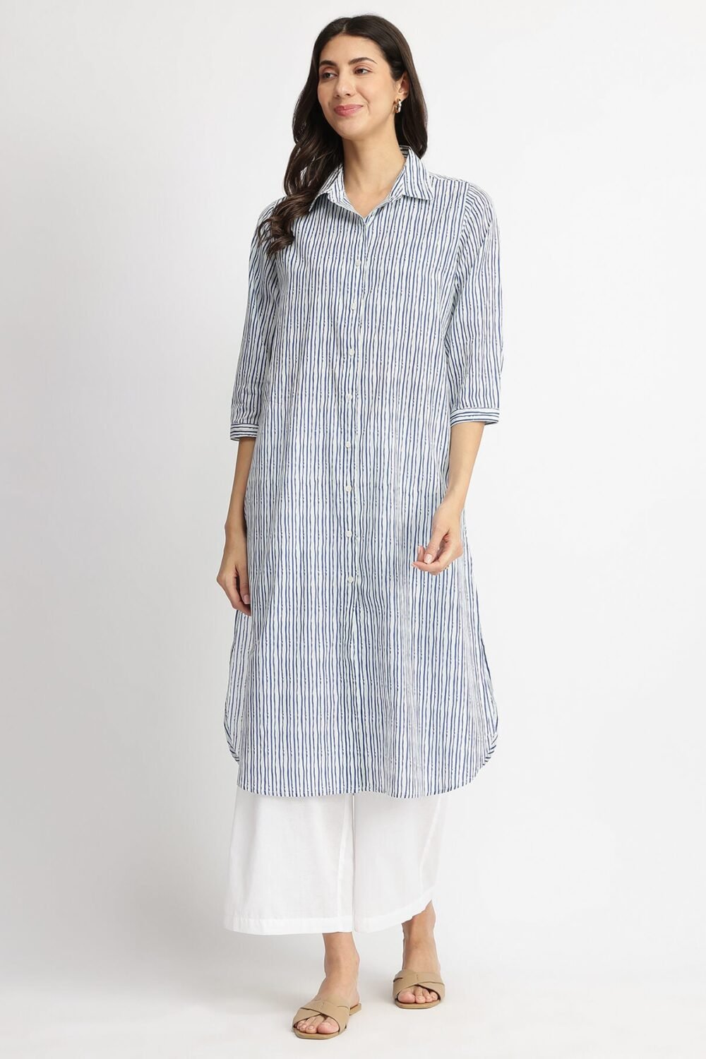 Cotton Striped Shirt Kurta Set - Blue & White