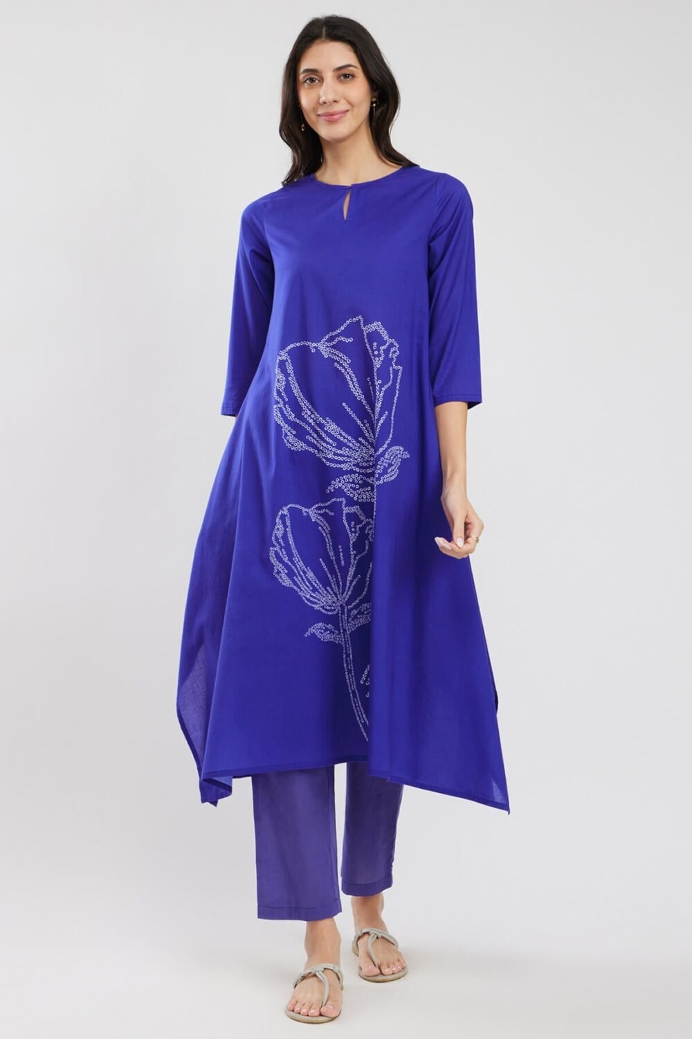Cotton Bandhani Asymmetric Floral Kurta Set - Blue