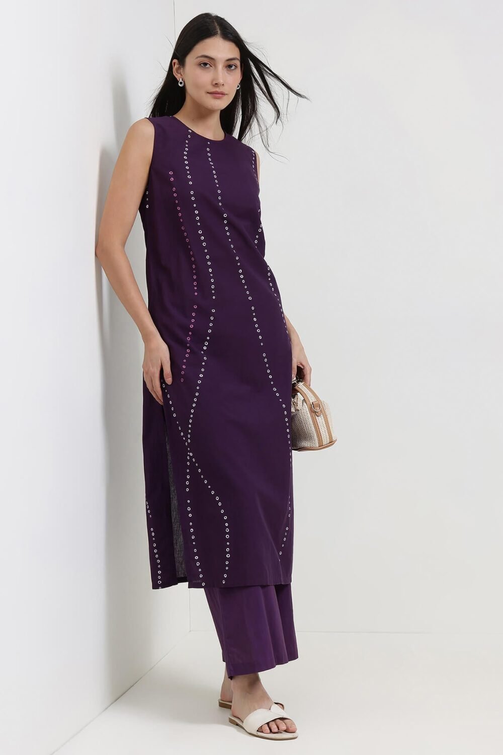 Cotton Bandhani Sleeveless Kurta Set - Purple