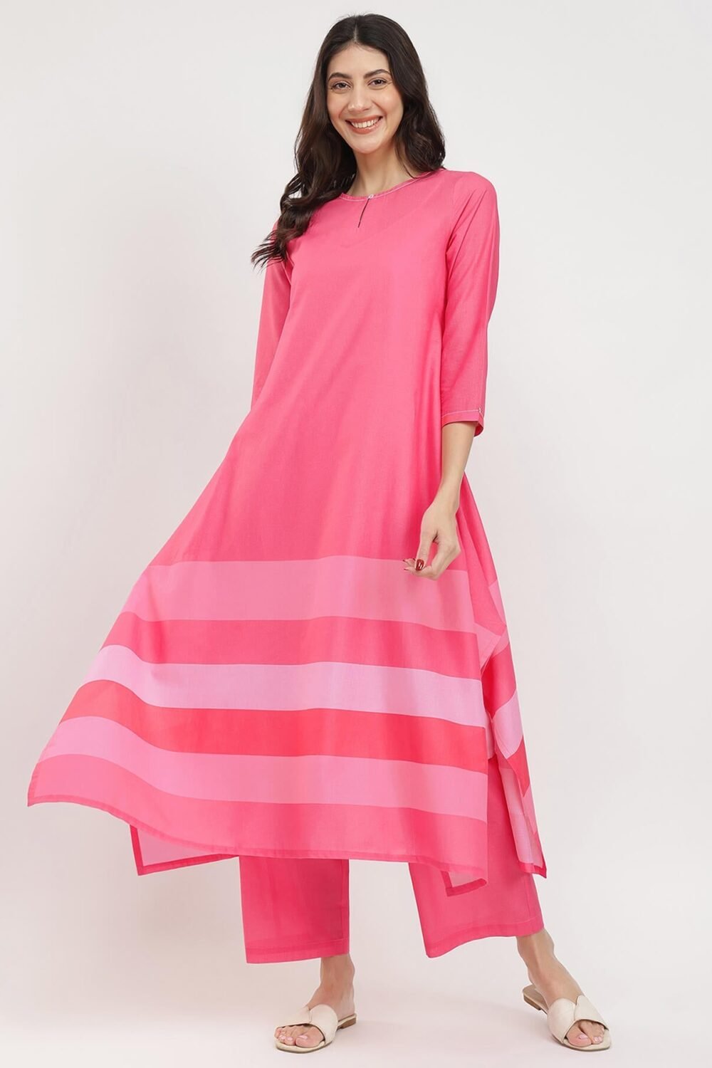 Cotton Striped Asymmetric Kurta Set - Pink
