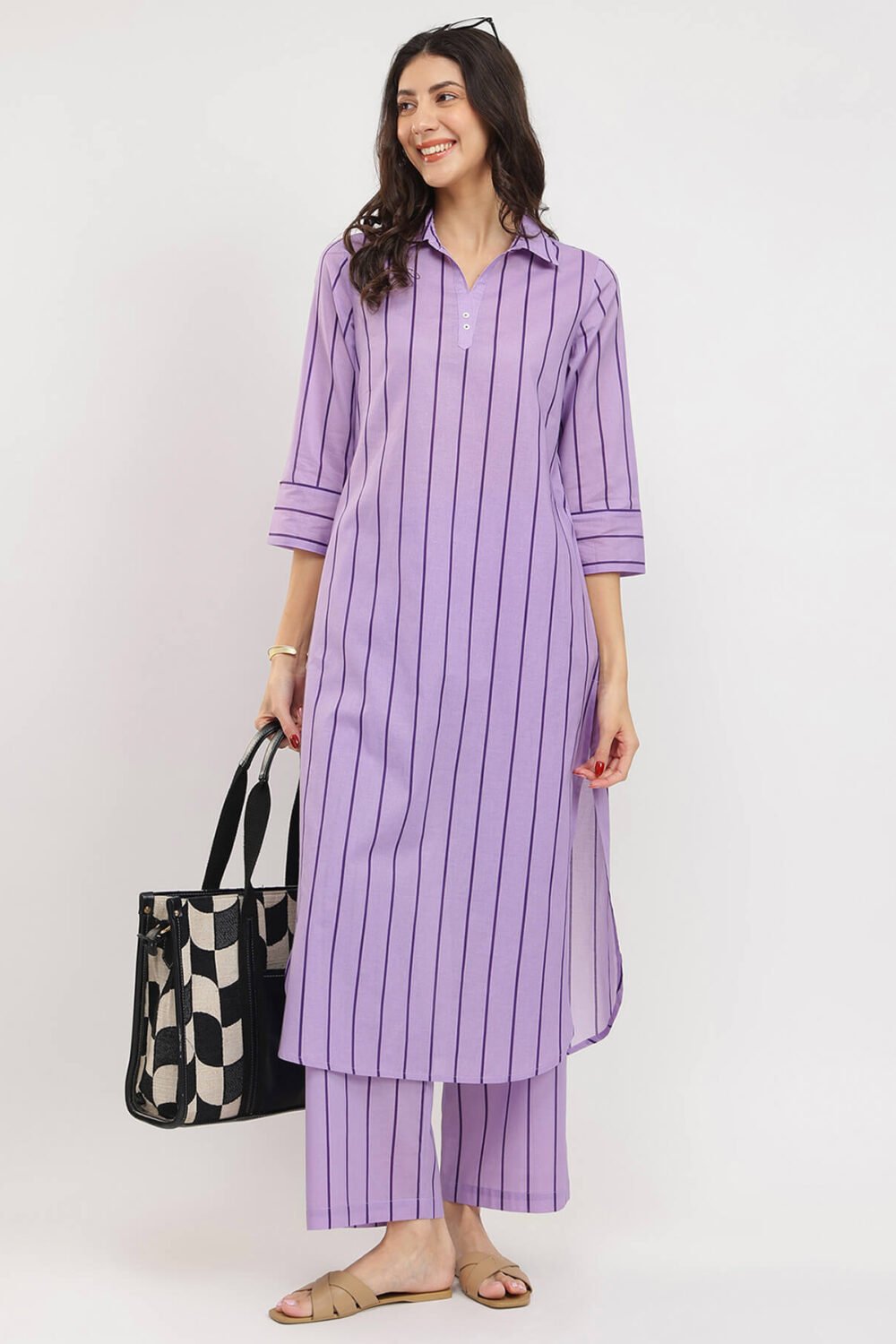 Cotton Striped Shirt Collar Kurta Set - Purple