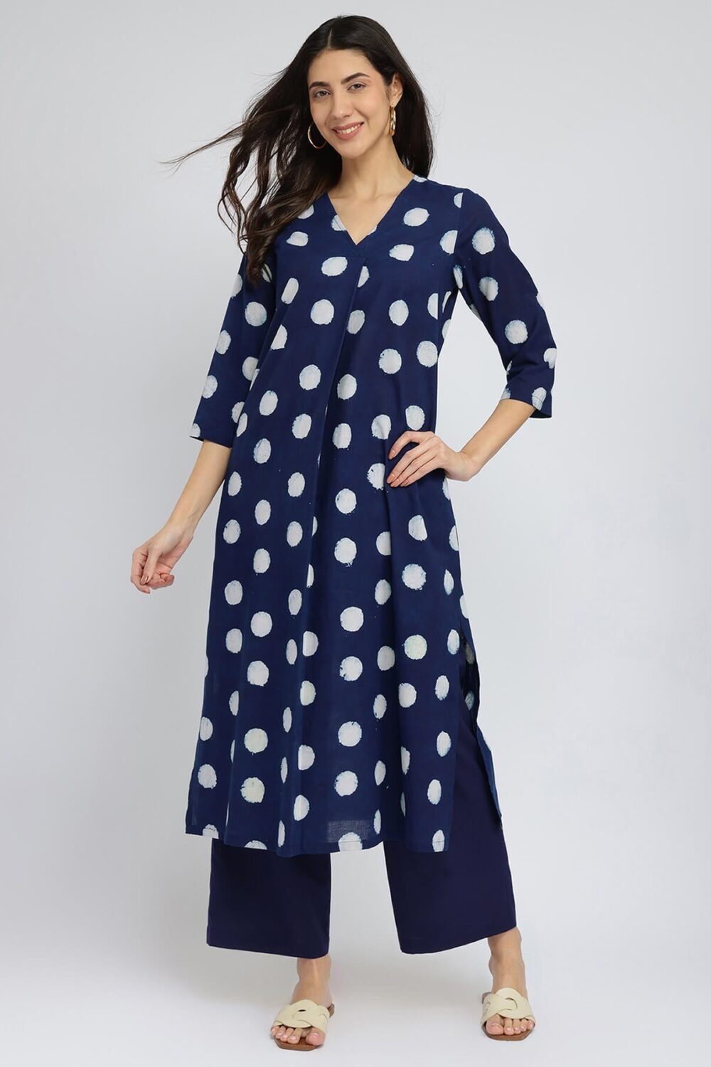 Cotton Dabu Polka Pleated Kurta Set - Indigo