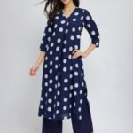 Cotton Dabu Polka Pleated Kurta Set - Indigo