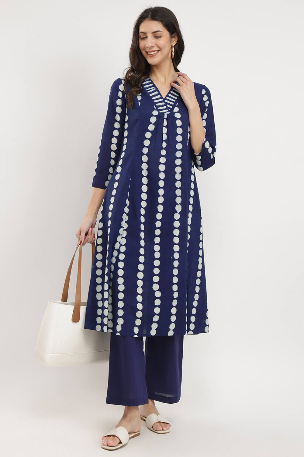 Cotton Dabu Polka Print Kurta Set - Indigo