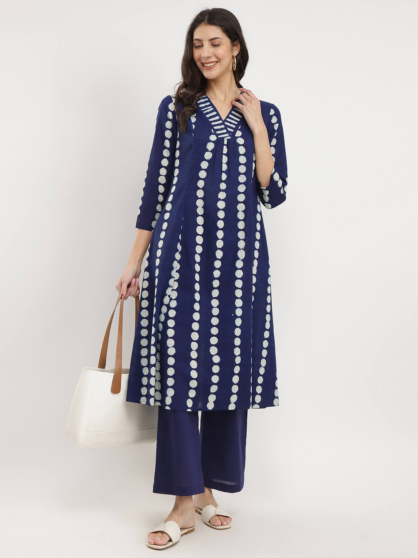 Cotton Dabu Polka Print Kurta Set - Indigo