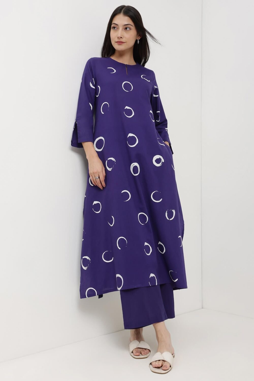 Cotton Abstract Polka Kurta Set - Purple