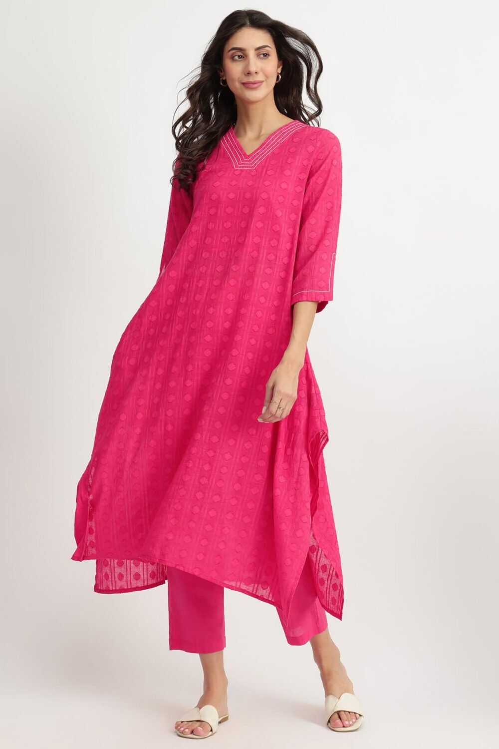 Cotton Jacquard Asymmetric Kurta Set - Pink