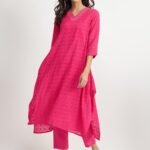 Cotton Jacquard Asymmetric Kurta Set - Pink