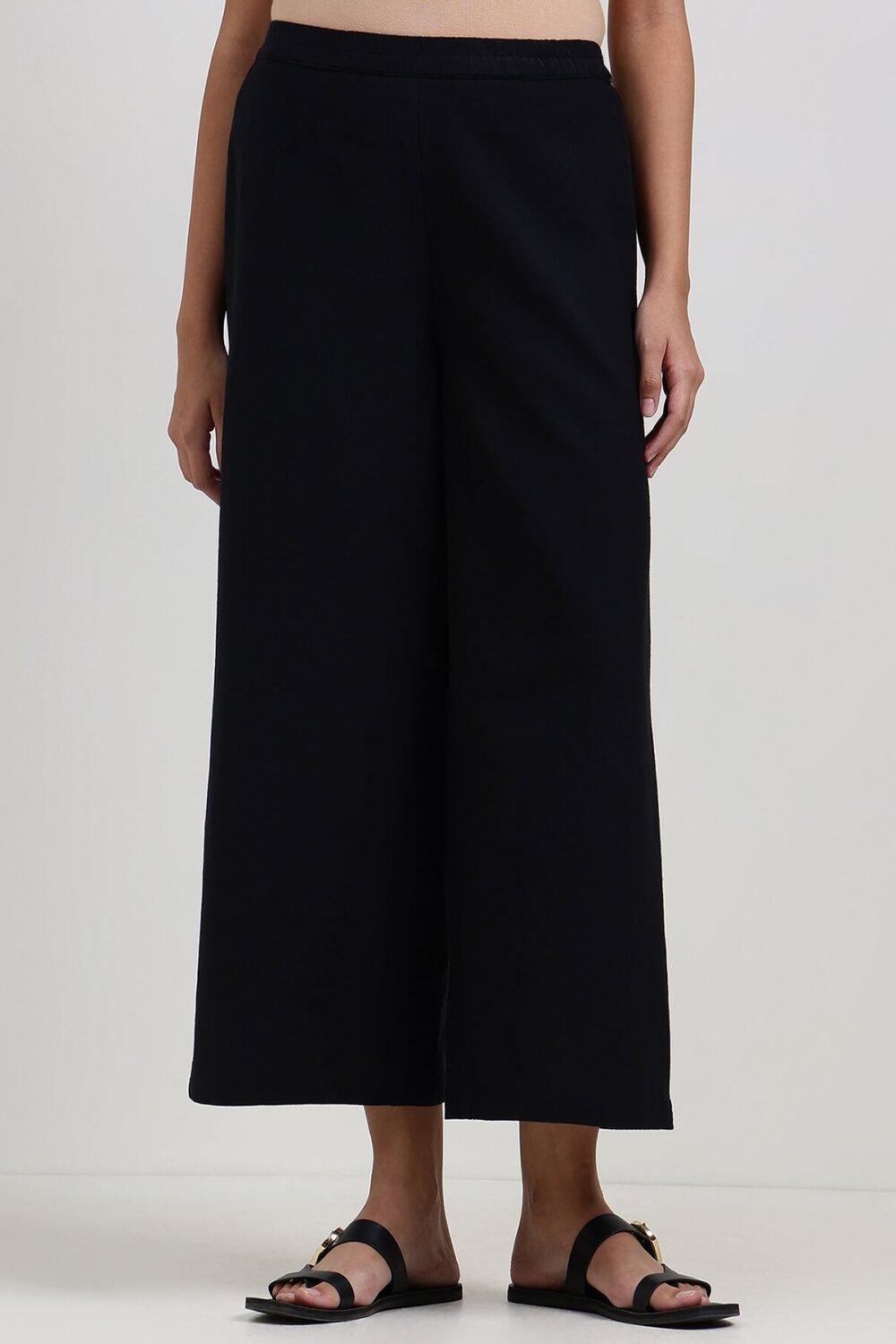 Linen Blend Solid Flared Culottes - Black