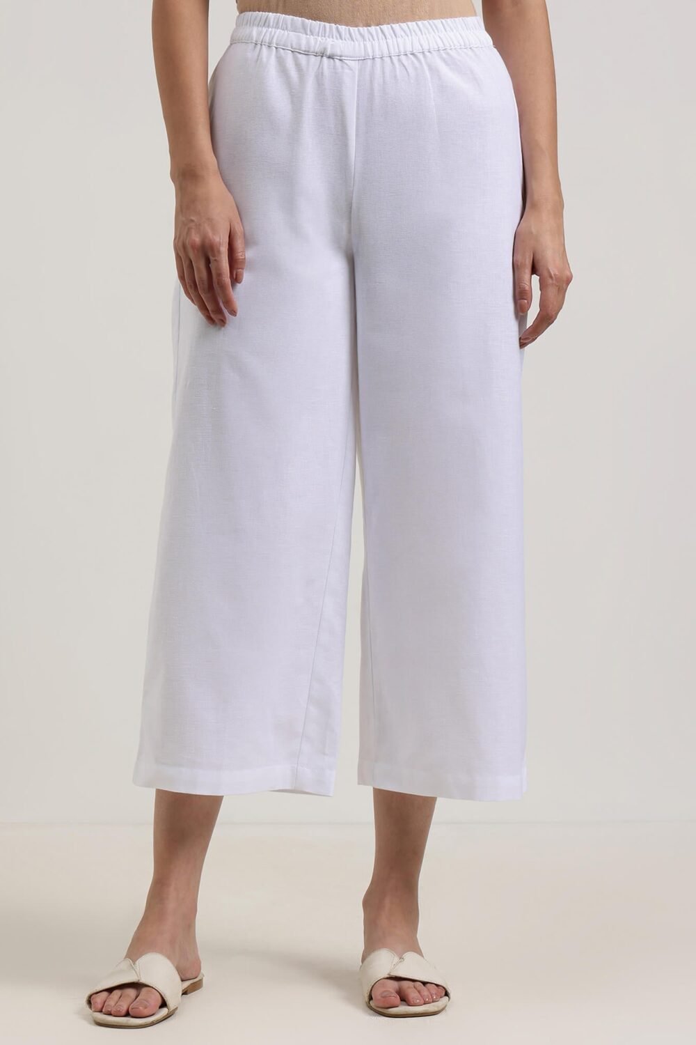 Linen Blend Solid Flared Culottes - White