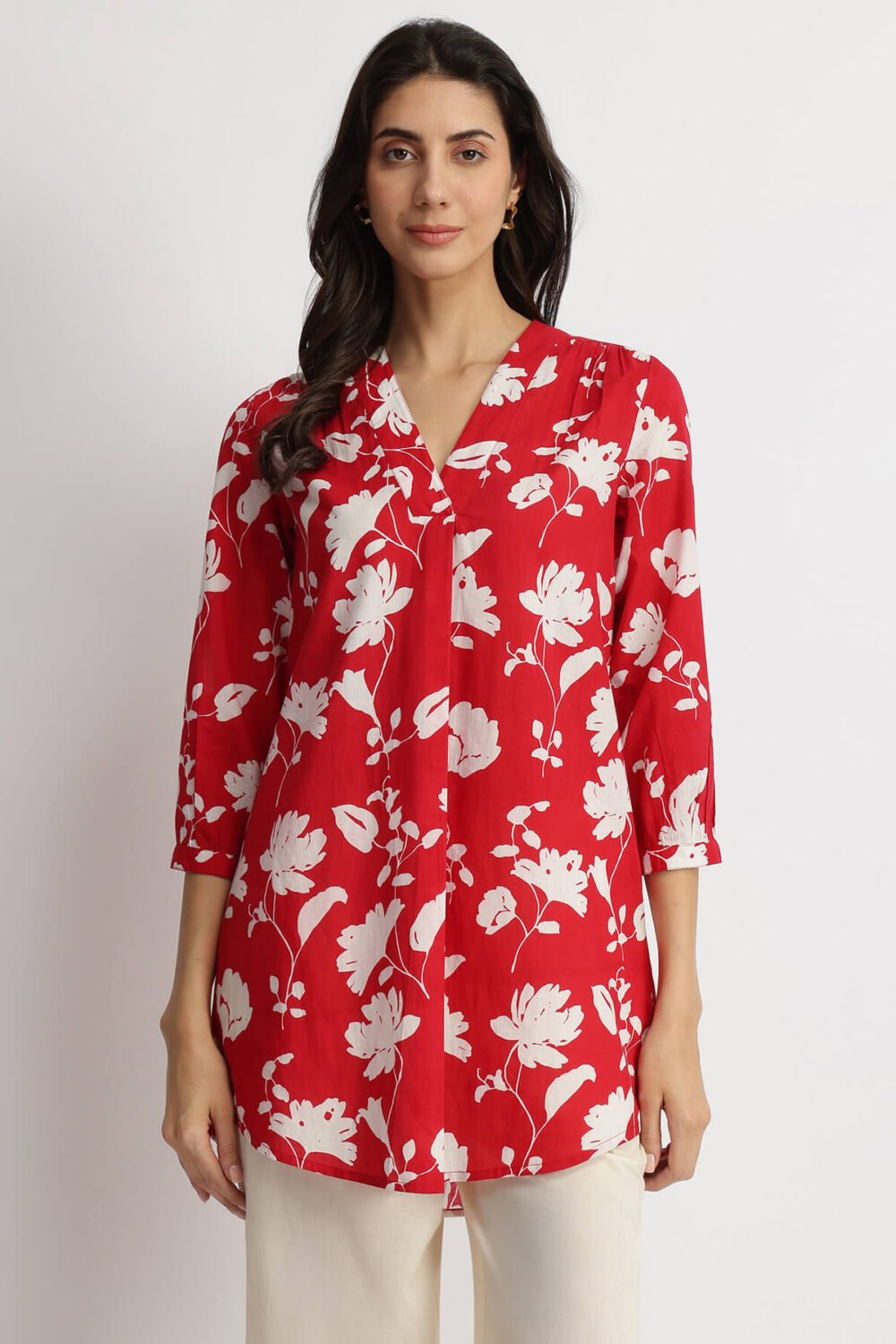 Cotton Floral Pleated V-Neck Tunic - Red & White