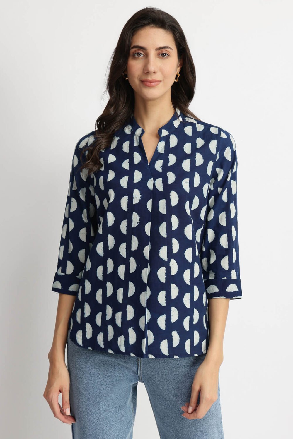 Cotton Dabu Half Polka Print Top - Indigo