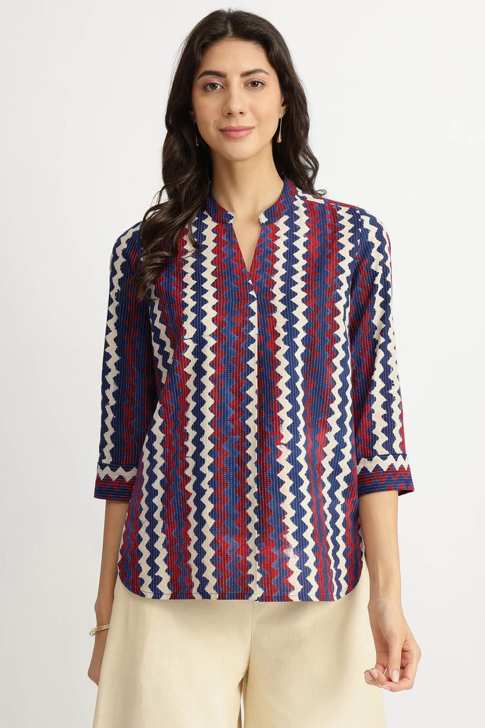 Cotton Dabu Chevron Print Top - Multicolour