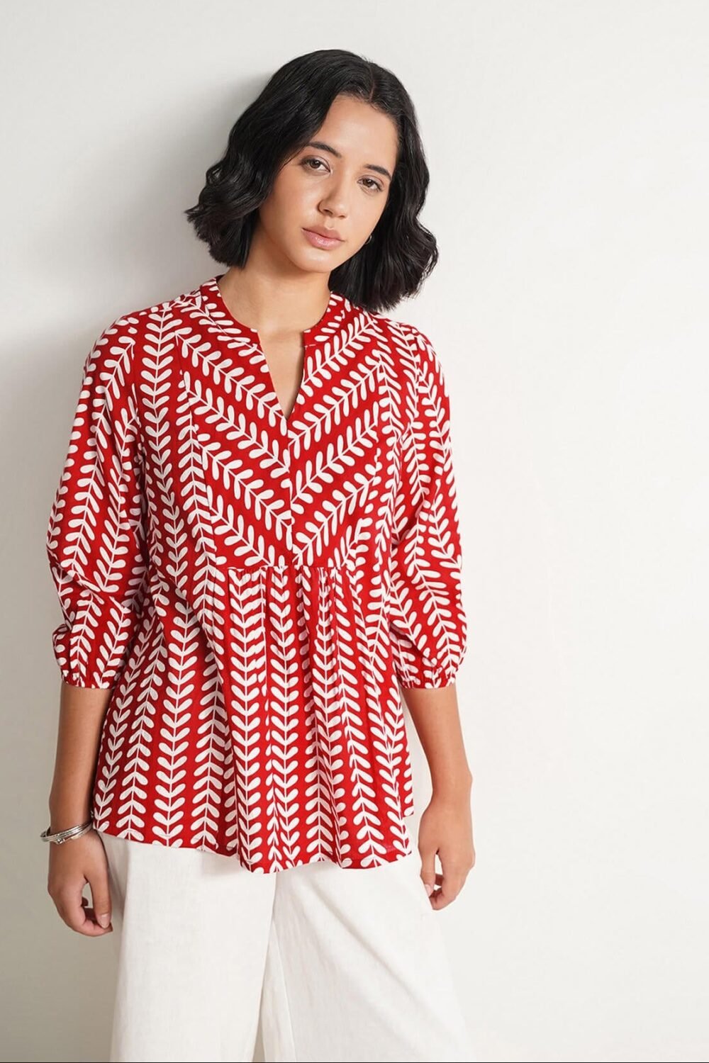 Cotton Striped Print Top - Red