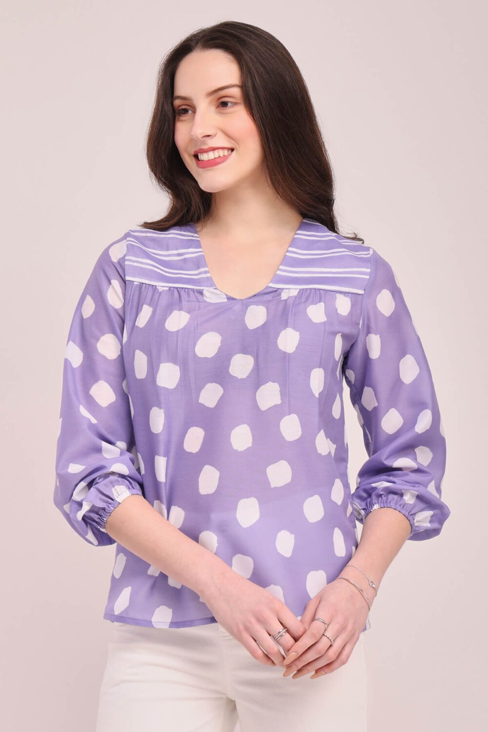 Polka Print V-Neck Top - Lilac