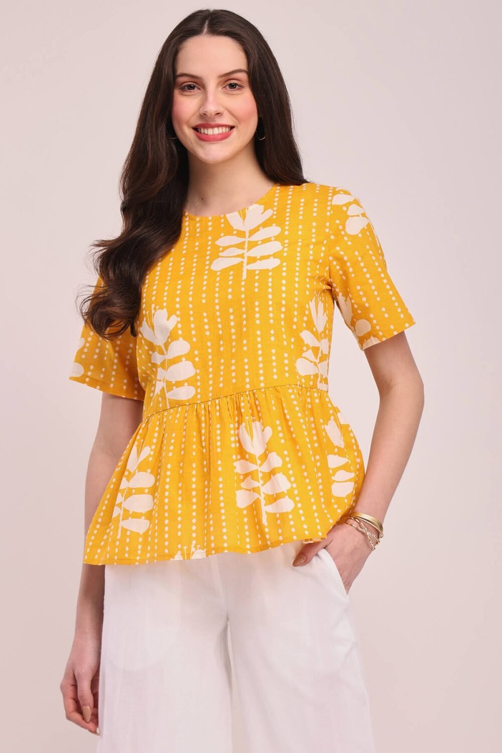 Cotton Floral Round Neck Top - Yellow