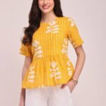 Cotton Floral Round Neck Top - Yellow