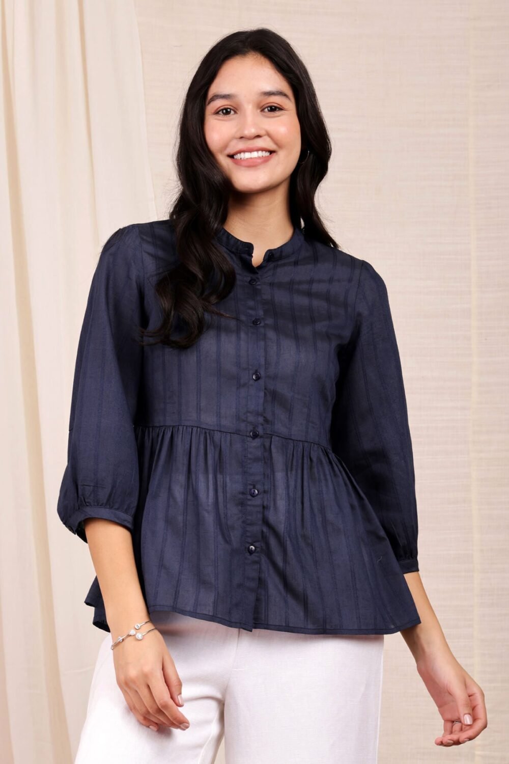 Chanderi Gathered Top - Navy Blue