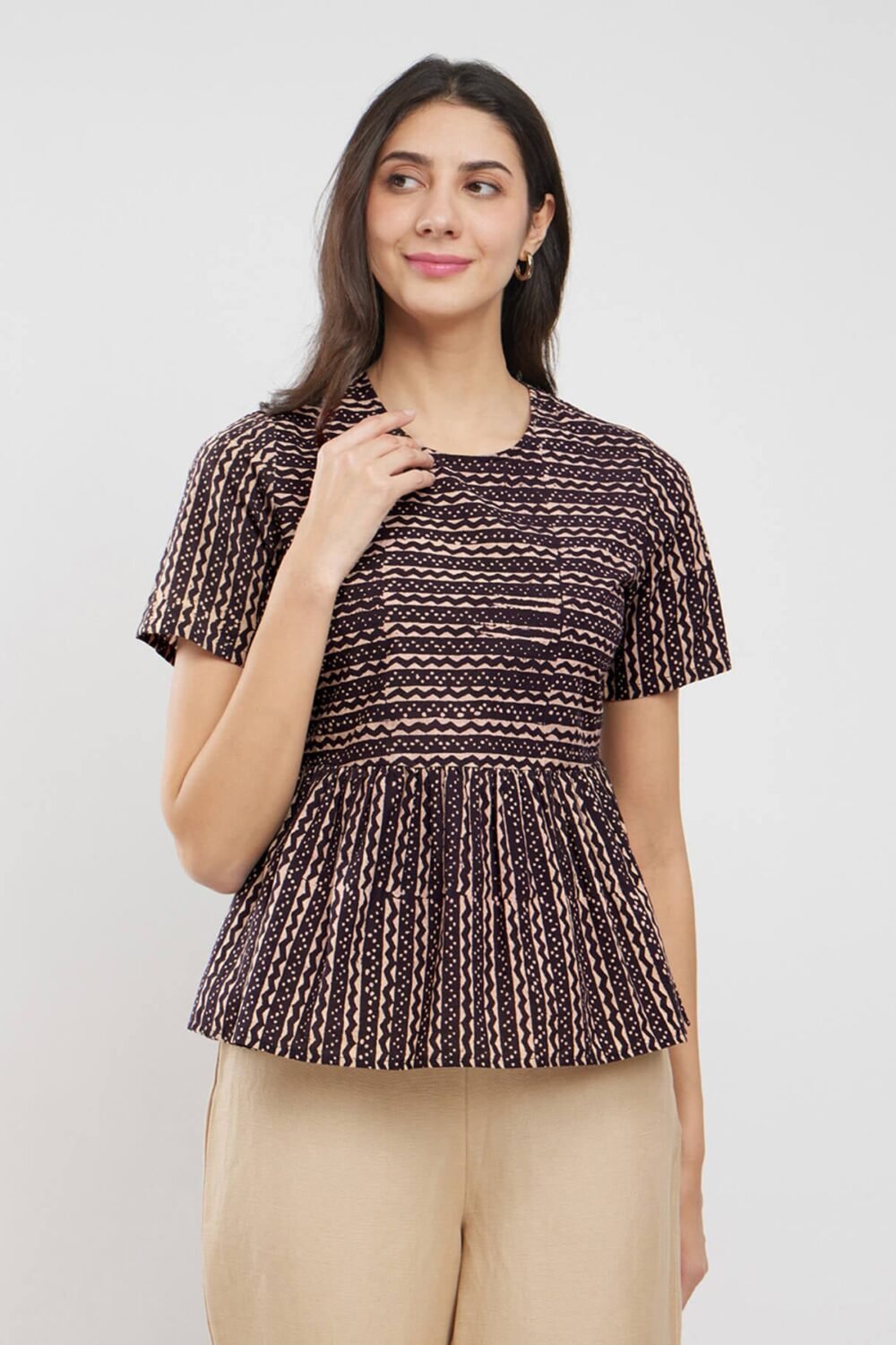 Cotton Ajrakh Striped Top - Black