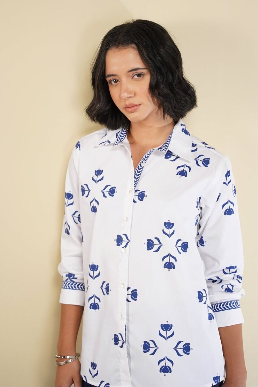 Cotton Floral Motif Shirt - Blue & White