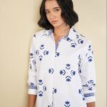Cotton Floral Motif Shirt - Blue & White