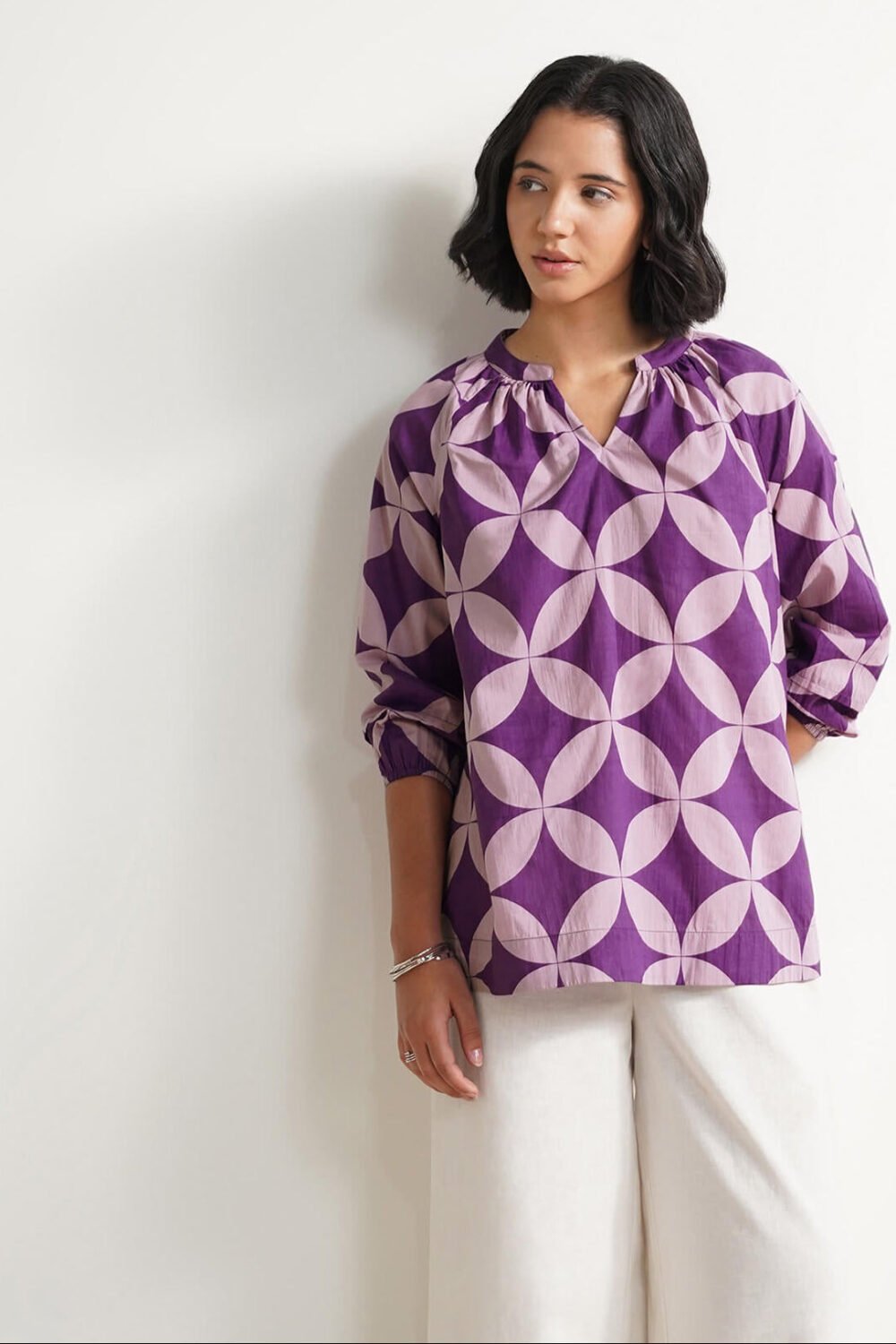 Cotton Geometric Pleated Top - Lavender
