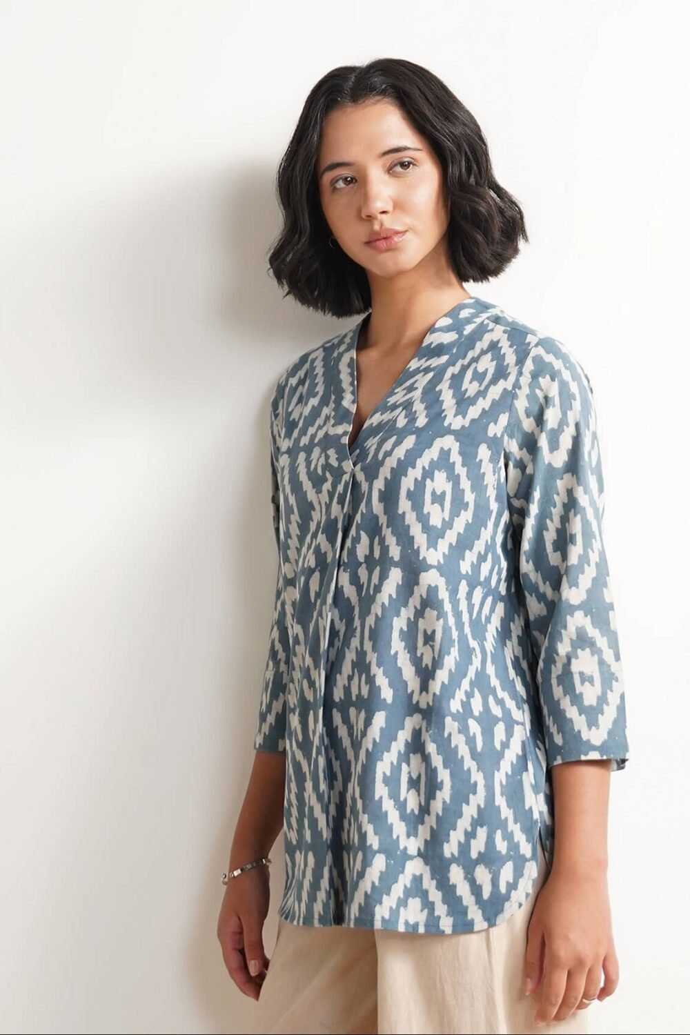Cotton Dabu Geometric Print Top - Grey