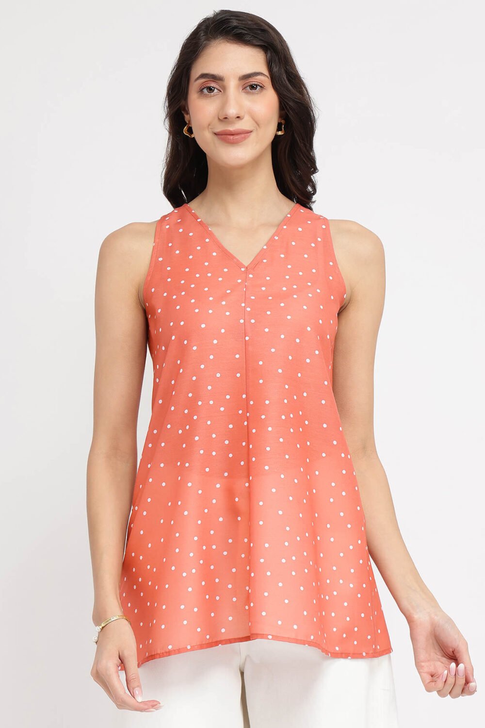Polka Print Sleeveless Top - Peach & White