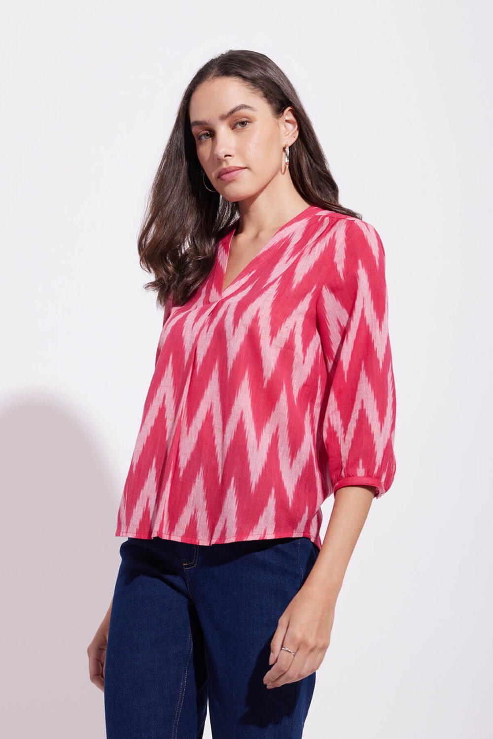 Cotton Ikat Front Pleated Top - Red