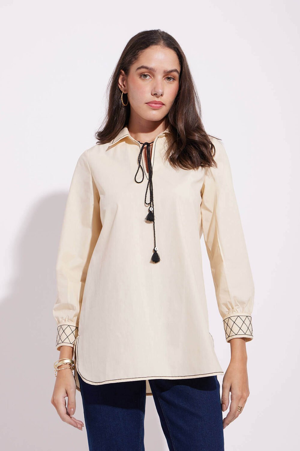 Cotton Solid Tie-Up Top - Cream