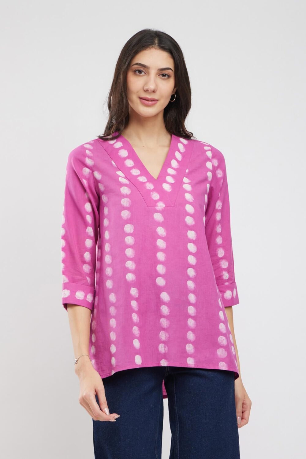 Cotton Dabu Polka Print Top - Pink