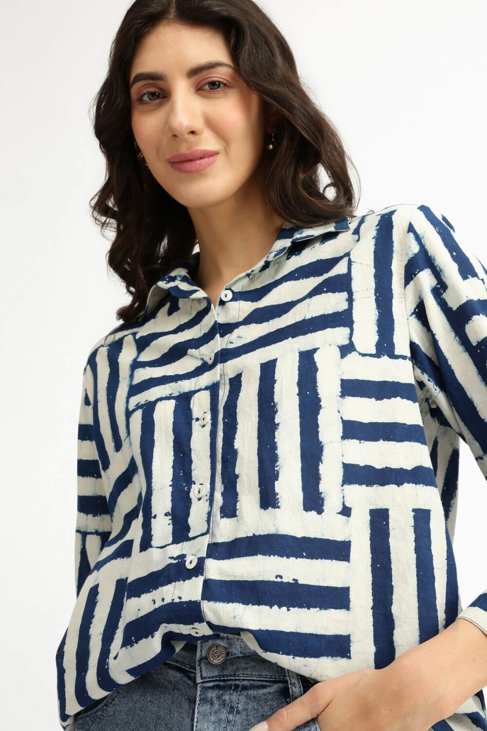 Cotton Dabu Geometric Print Shirt - Indigo