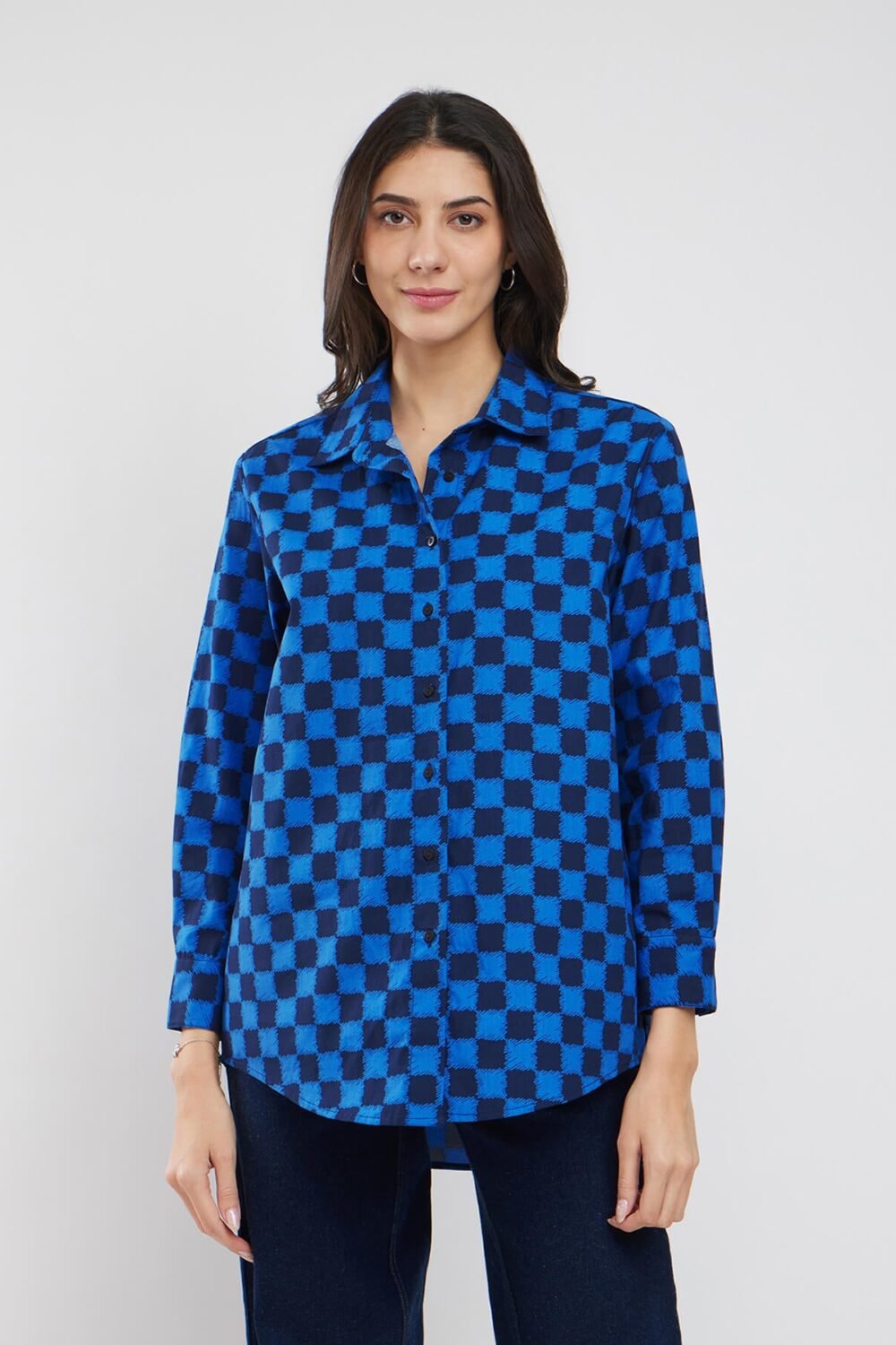 Cotton Checked Boxy Shirt - Blue