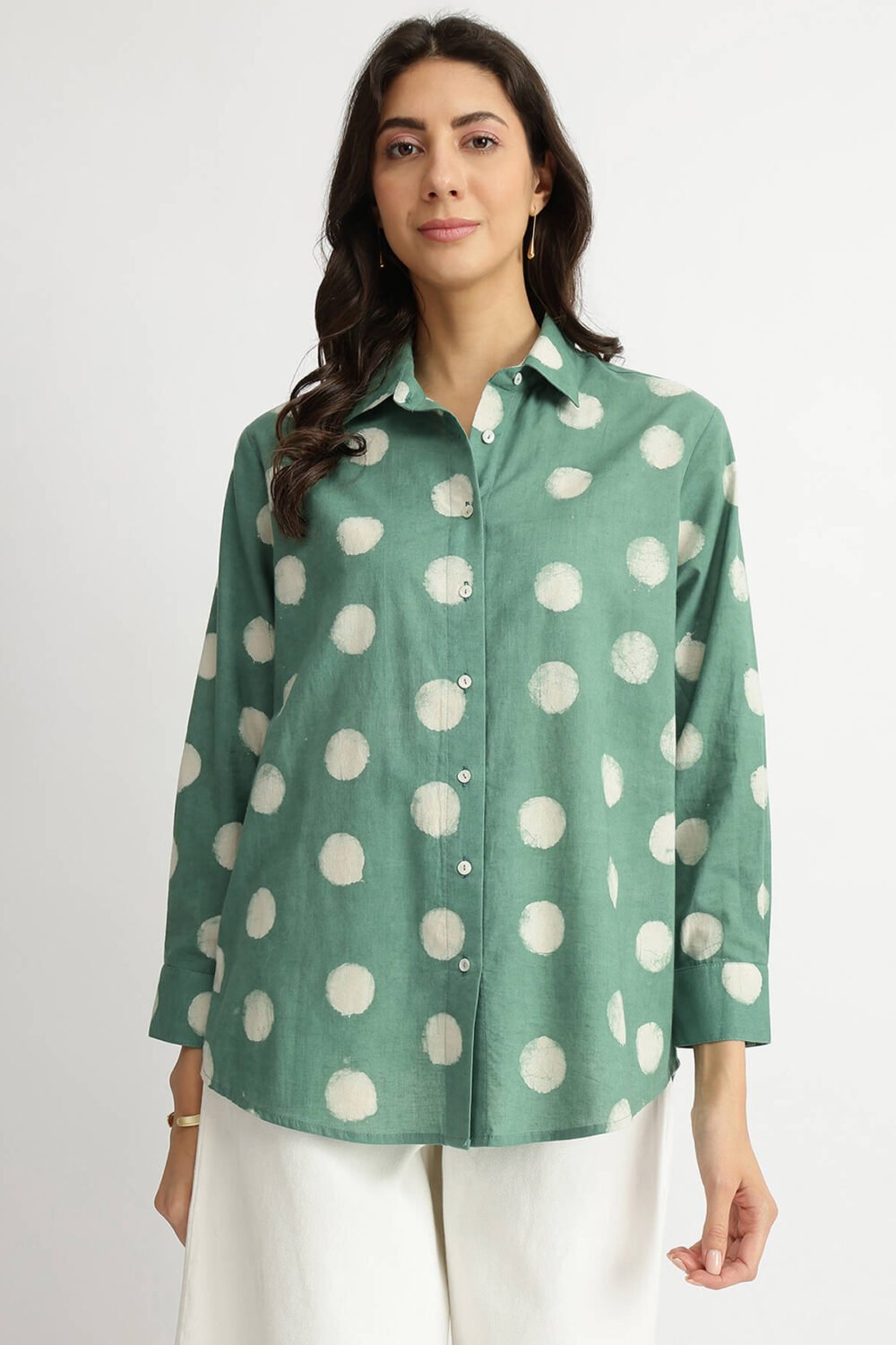 Cotton Dabu Polka Print Shirt - Green