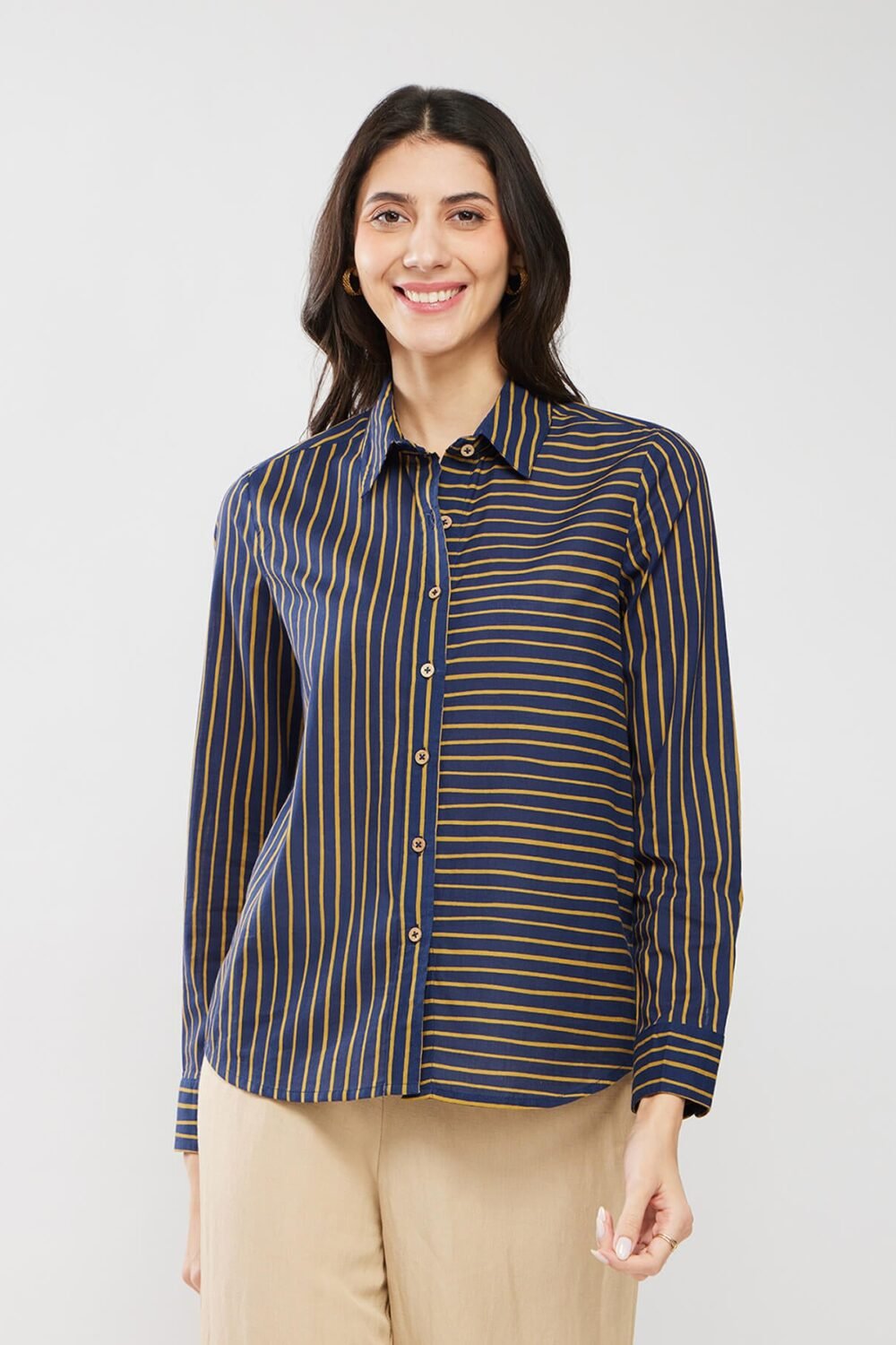 Cotton Striped Relaxed Shirt - Navy Blue
