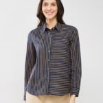 Cotton Striped Relaxed Shirt - Navy Blue