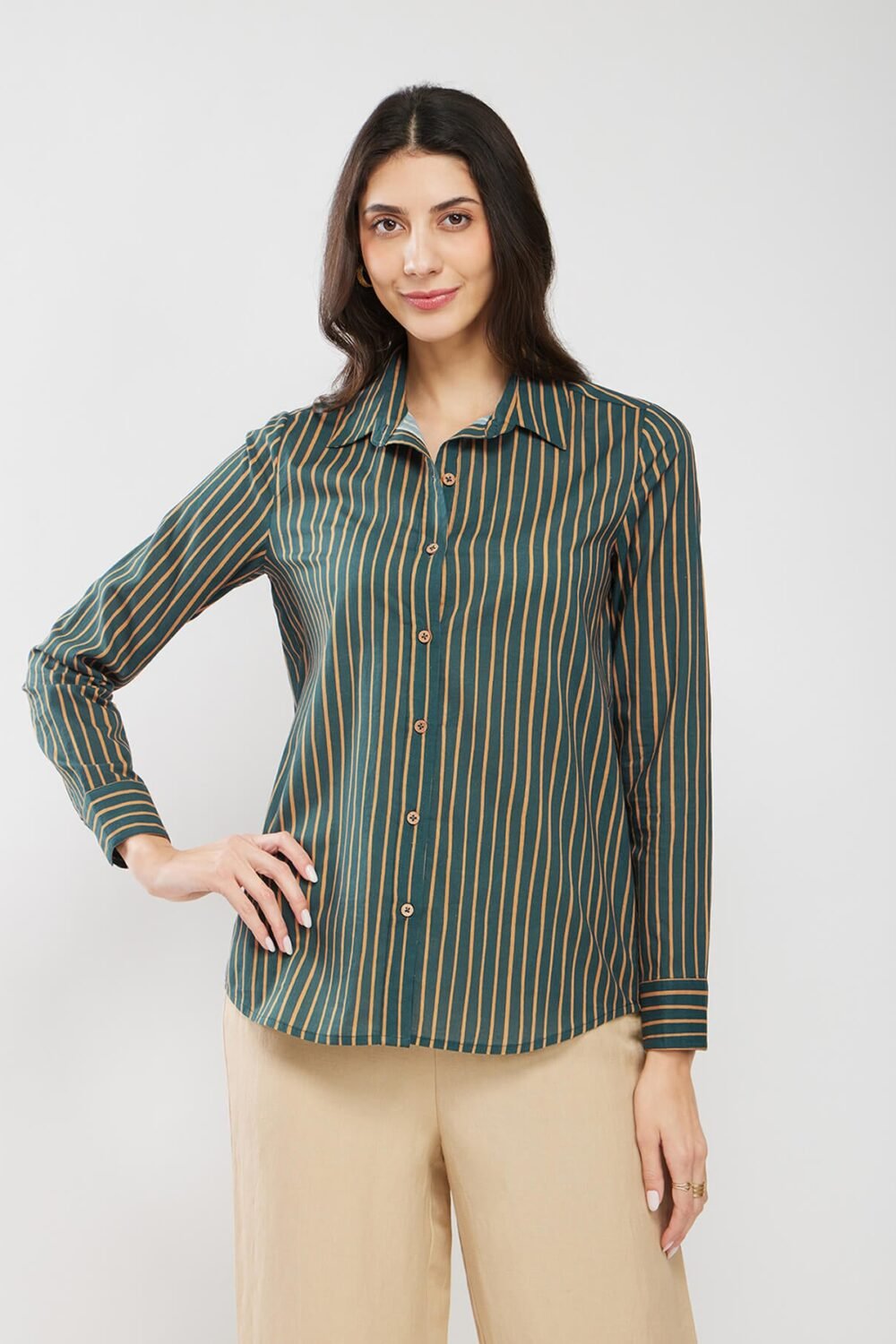 Cotton Striped Relaxed Shirt - Green